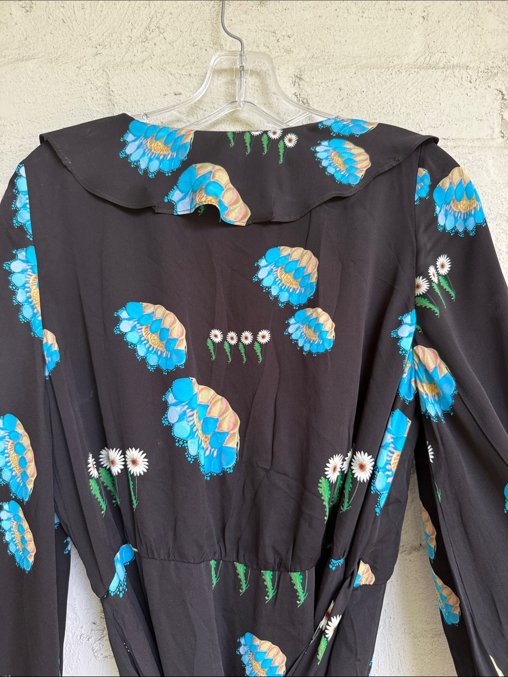 Cynthia Rowley Eve Black Floral Print Wrap Dress W Ruffle Trim Size Medium - Picture 8 of 13